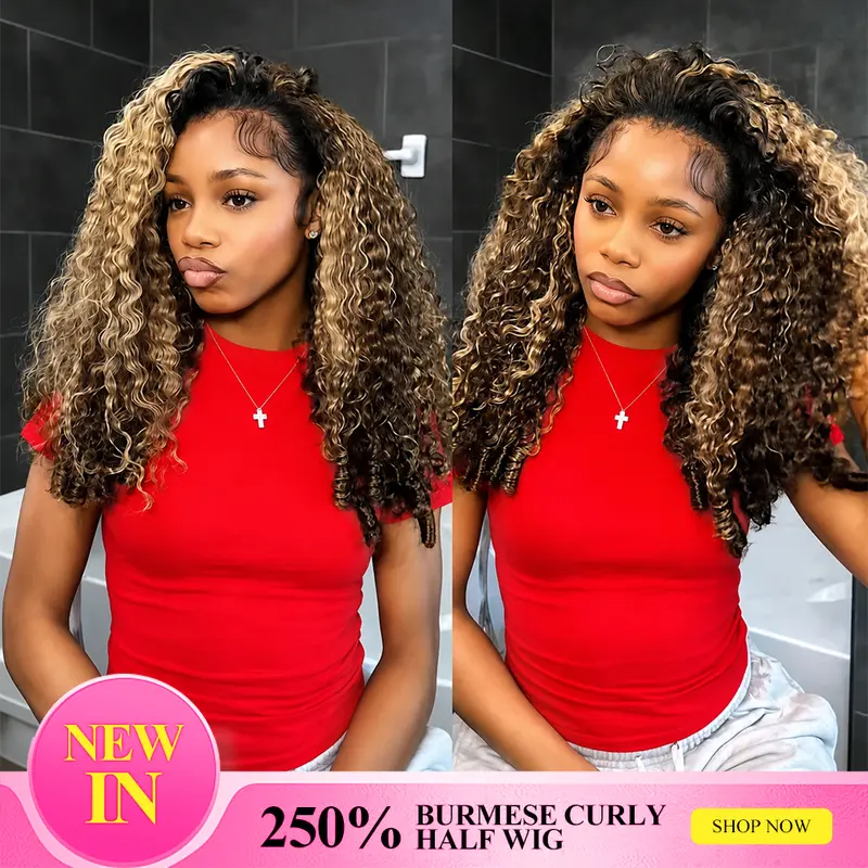 P4/27 Honey blonde Burmese Curly Half Wig 250% Glueless Human Hair Wigs Invisible Hairline Seamless Blend Drawstring Beginner Friendly Flip Over Wig Quick Install