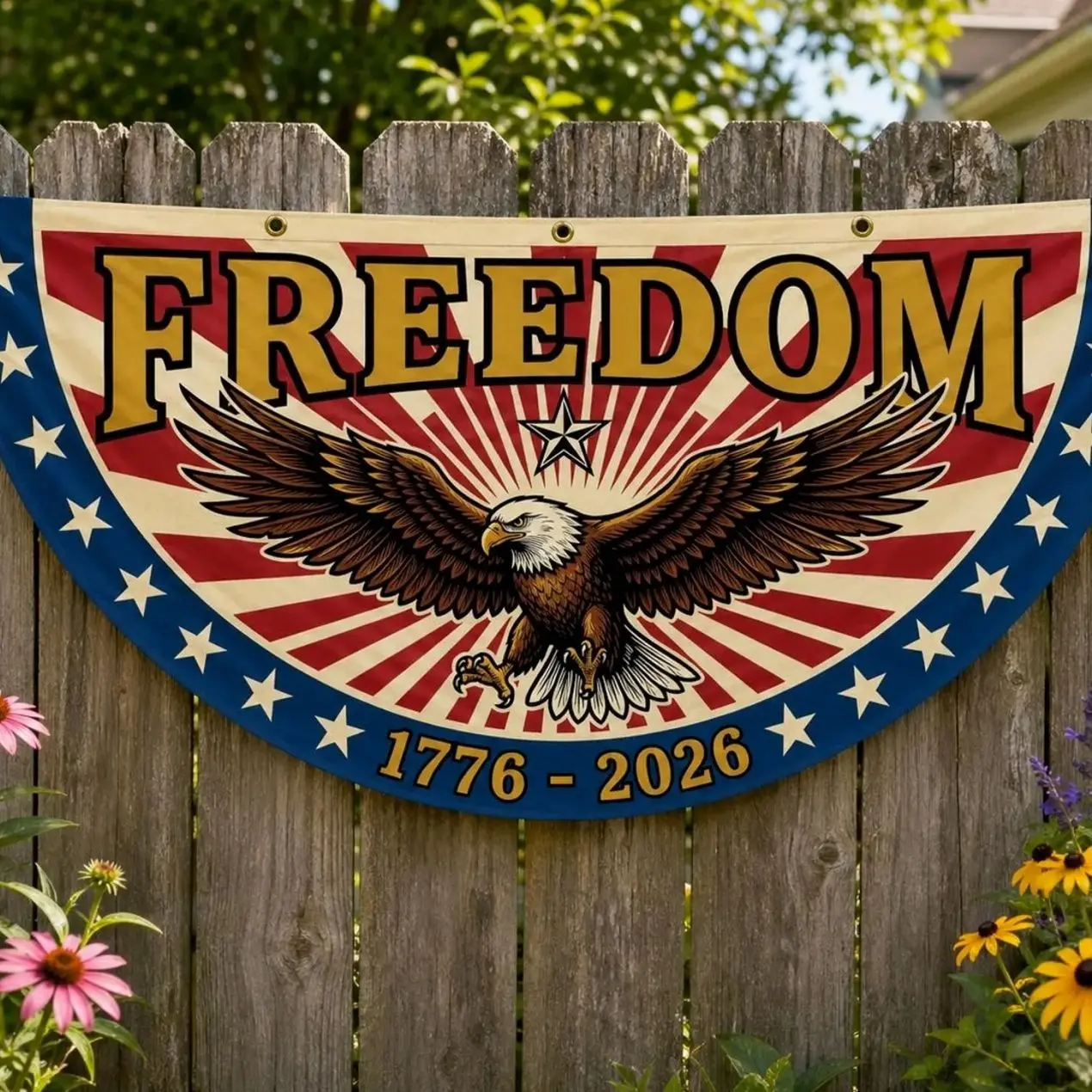 Vintage Freedom Eagle Semicircle Fence Flag 1776-2026, Retro Patriotic Bunting USA 250th Anniversary, Americana Sunburst 4th of July Decor