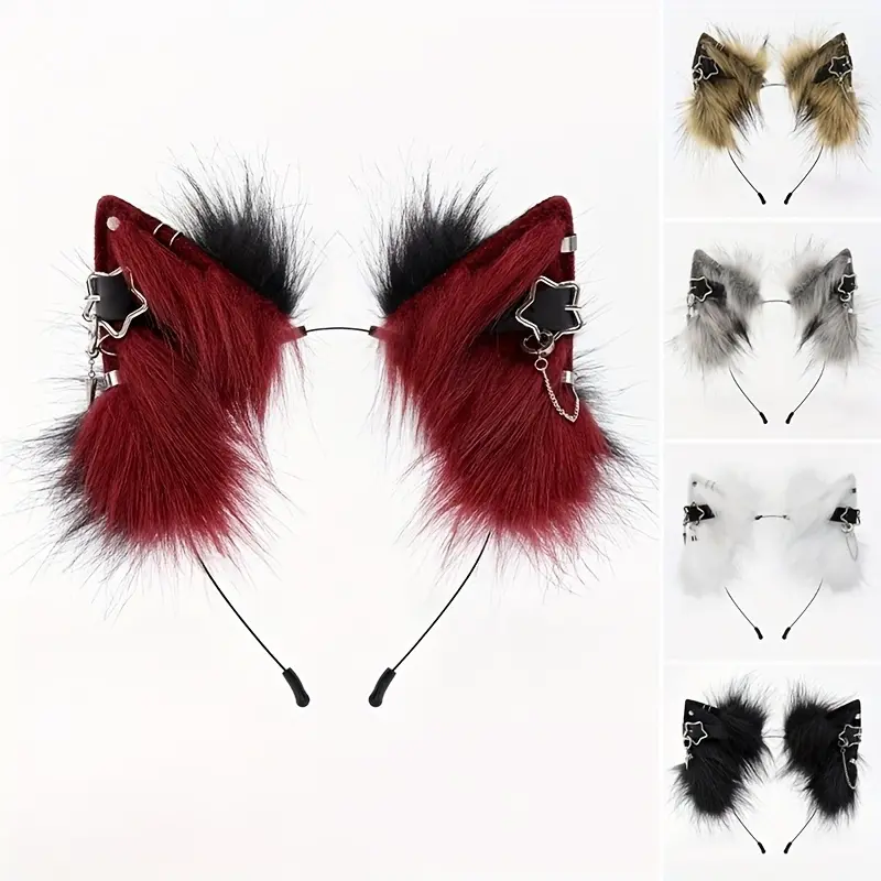 Handmade Cute Cat Beast Headband, Punk Style Hair Accessory, Cool Girl Hairstyle, Detachable Ears for Cosplay, Halloween, Easter Masks Reddish Black