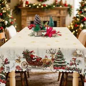 PLUMLIK Christmas Tablecloth with Christmas Wreath, Santa Claus, Reindeer, Snowman, Christmas Tree Patterns, Christmas Decor 2025, Christmas Party Decoration for Home Indoor Outdoor, Vintage Beige Round Table Cloth, Holiday Patio Decor, Christmas Gifts