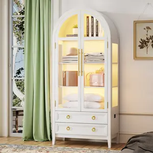 LVSOMT  71" Arched Display Cabinet with Glass Doors, 4-Tier Curio Cabinet with 3 Color Lights for Collectibles, Glass Display Case with Human Body Sensor, Display Shelf with 2 Drawers