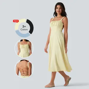 Lemon-colored and sea salt-colored cross-backless square-neck sleeveless pleated mid-length holiday flowy dress with built-in chest pads