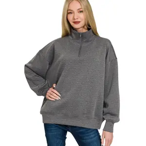 Zenana Scuba Half Zip High Neck Basic Long Sleeve Pullover Top