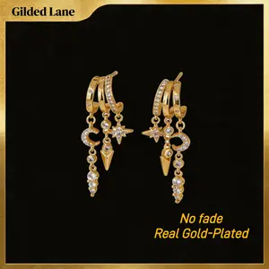 Gold Dangle Earrings for Women, 14k Gold Plated Stacked Triple Hoop Illusion Earrings Cubic Zirconia Huggie Earrings for Women Trendy