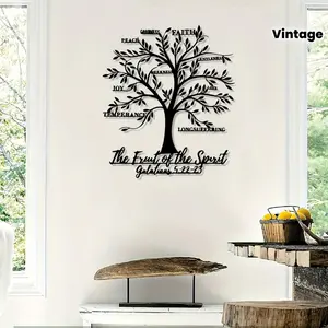 A vintage Tree of Life metal mural, iron statue mural with the scripture 'Fruit of the Holy Spirit', waterproof, perfect for kitchen walls and Easter decorations, perfect gift for religious enthusiasts, inspired home decor, Stylish Religious Decor