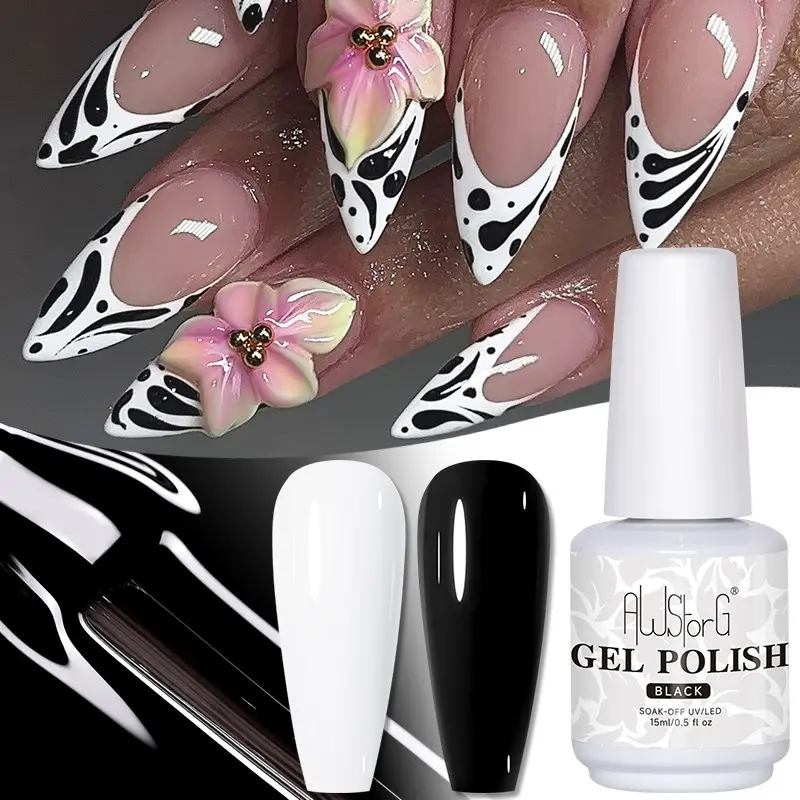 AWStorG 15ml Black and White Color UV Light Gel Polish Classic Colors Long-Lasting Soak Off UV Nail Polish for Nail Art DIY Manicure at Home Gel Nails