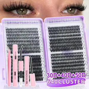 640 sets of fake eyelash extension kits, high capacity, 30D/40D/50D, individual clusters of fake eyelashes, D-type curled fake eyelash extension kits, including adhesives and sealants, as well as tools for applying the fake eyelashes, DIY Cluster Lash