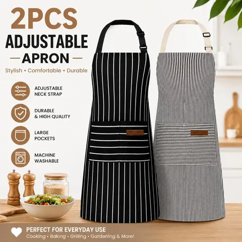 Kitchen Cooking Aprons Adjustable Bib Apron with 2 Pockets Lightweight Cotton Comfortable Household Strap for Women Men Cleaning