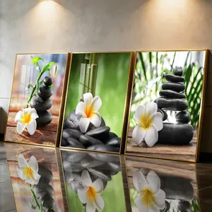 3Pcs Aluminum Alloy Framed Painting, Spa Zen Stones And Plumeria Flower Picture, Home Decoration For Living Room, Bedroom, Office, Restaurant, Hallway Wall Decor, Odorless Print Artwork, Luxury Perfect Gift For Friends And Family