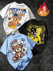 Men's American Street Patch Bear Print Short Sleeve T-Shirt (3 Pack), Loose Fit, Casual Daily Wear, Skateboarding, Music Festivals