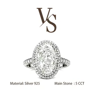 [Venus Jewelry] Lab Created Gemstone 5 CCT Oval Shape Double Halo Setting Luxury Design Solid Silver 925 Ring