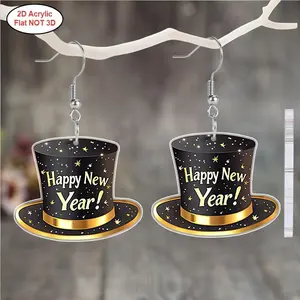 2D Flat, 1 Pair Women's Elegant Top Hat Earrings - Black & Golden Party Jewelry with Happy New Year Text, Lightweight Acrylic Hoop Earrings for Christmas, NYE, Formal Events - Vintage Glamorous Accessories Gifts for Women S, Cute Earrings, 2D Flat