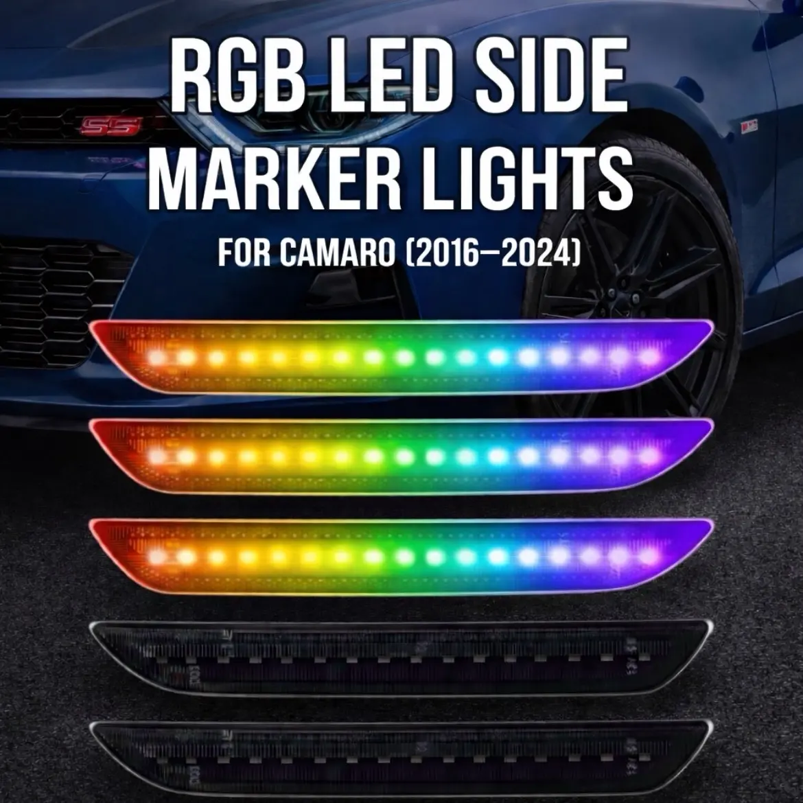 Streetlinesociety Supply RGB LED Side Marker Lights 4-Pack for Chevrolet Camaro 2016-2024 Plug & Play Smoked Lens Remote Controlled 16 Color Options
