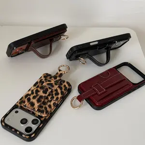 Retro Solid Color Leopard Pattern Multifunctional Card Case With Holder Protect Phone Cover Case for iPhone 17 16 15 14 Pro Max