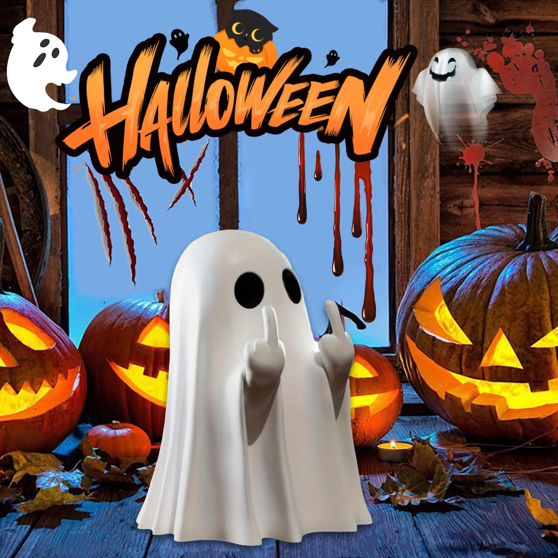 Halloween Ghost Figurine - Spooky Resin Middle Finger Statue, Cute Decor for Halloween Decorations, Porch and Indoor Spooky Home Decor