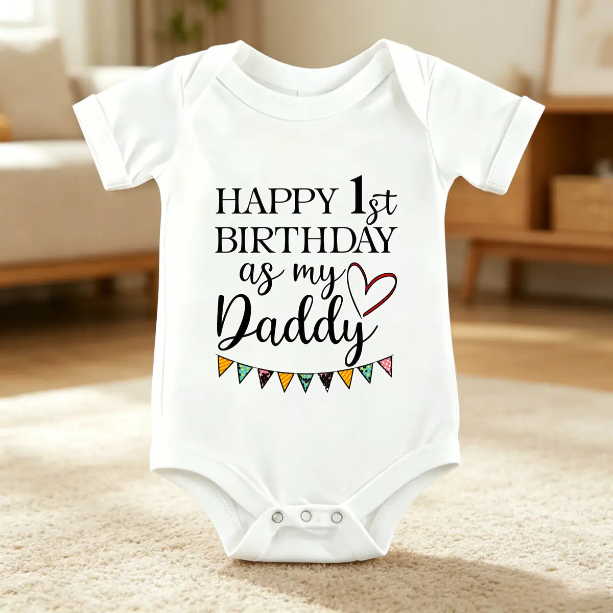 Baby Short Sleeve Pure Cotton Soft Bodysuit, 1-3cm Fit, "Happy 1st Birthday as My Daddy" Graphic for Father's Day Family Photoshoot, 1 To 3 Centimeters