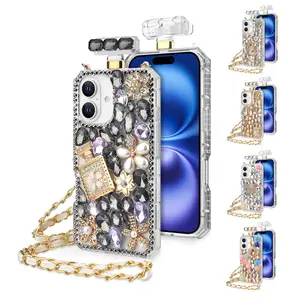 HappyDeal Rhinestone Perfume Bottle Shape Bling TPU Shock Proof Cover Case with Detachable Strap for Apple iPhone 16 Accessories Protective Protection Compact
