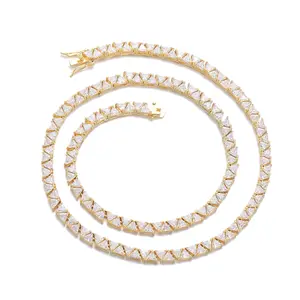 5mm Triangle Cut Iced Out Tennis Chain - Full 5A CZ Golden Necklace | Unisex Hip Hop Jewelry
