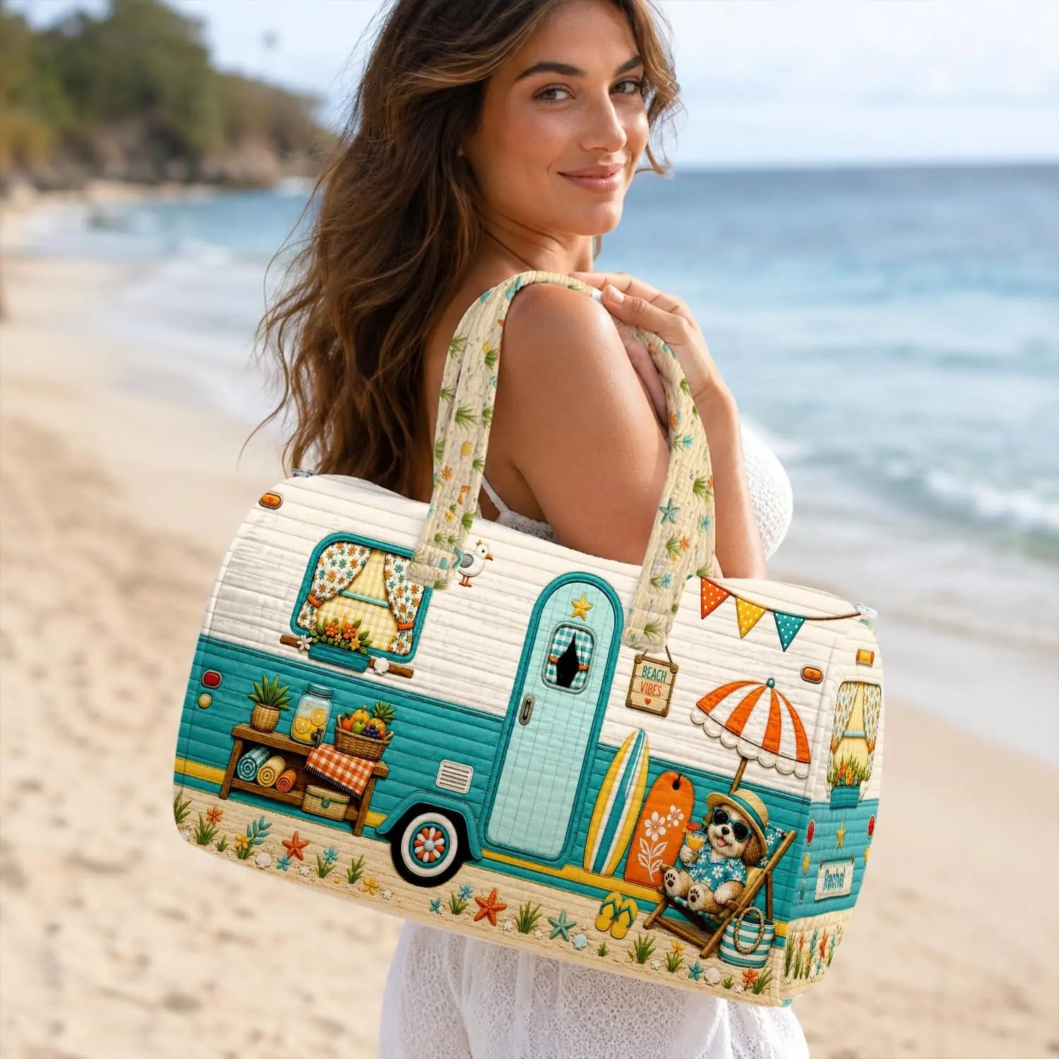 Quilted Weekend Bag Gift 2026, Coastal Camper Travel Duffel, Beach Van Carryall, Ocean Print Handbag, Summer Vacation Bag, Seaside Gift IdeaPersonalized Camping Fishing Quilted Duffle Bag (Dog & Beach 1)