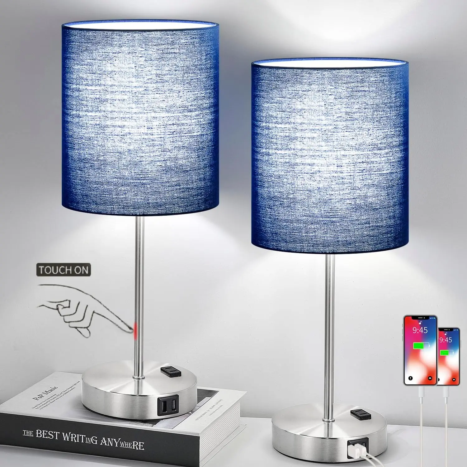 Set of 2 Touch Control Table Lamps with 2 USB & AC Outlet, 3-Way Dimmable Bedside Nightstand Lamps for Bedroom Living Room Nursery, 800 Lumens 5000K Daylight Bulbs Included Home Modern