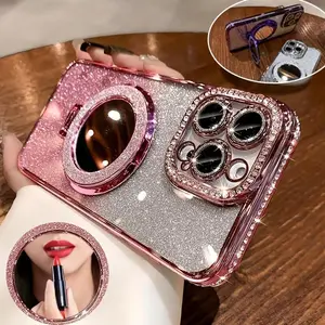 Pink Rhinestone Bling Case with Mirror Stand & Tempered Glass for iPhone 12 13 14 15 16 Pro Max – Luxury Apple Cover Gradient Glitter Magnetic Phone Bracket Holder Smartphone Casing Cellphone