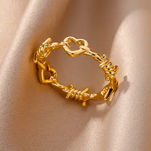 Stainless Steel Heart Rings for Women Vintage Gold Color Twist Barbed Wire Finger Ring Aesthetic Jewelry Gifts anillos mujer