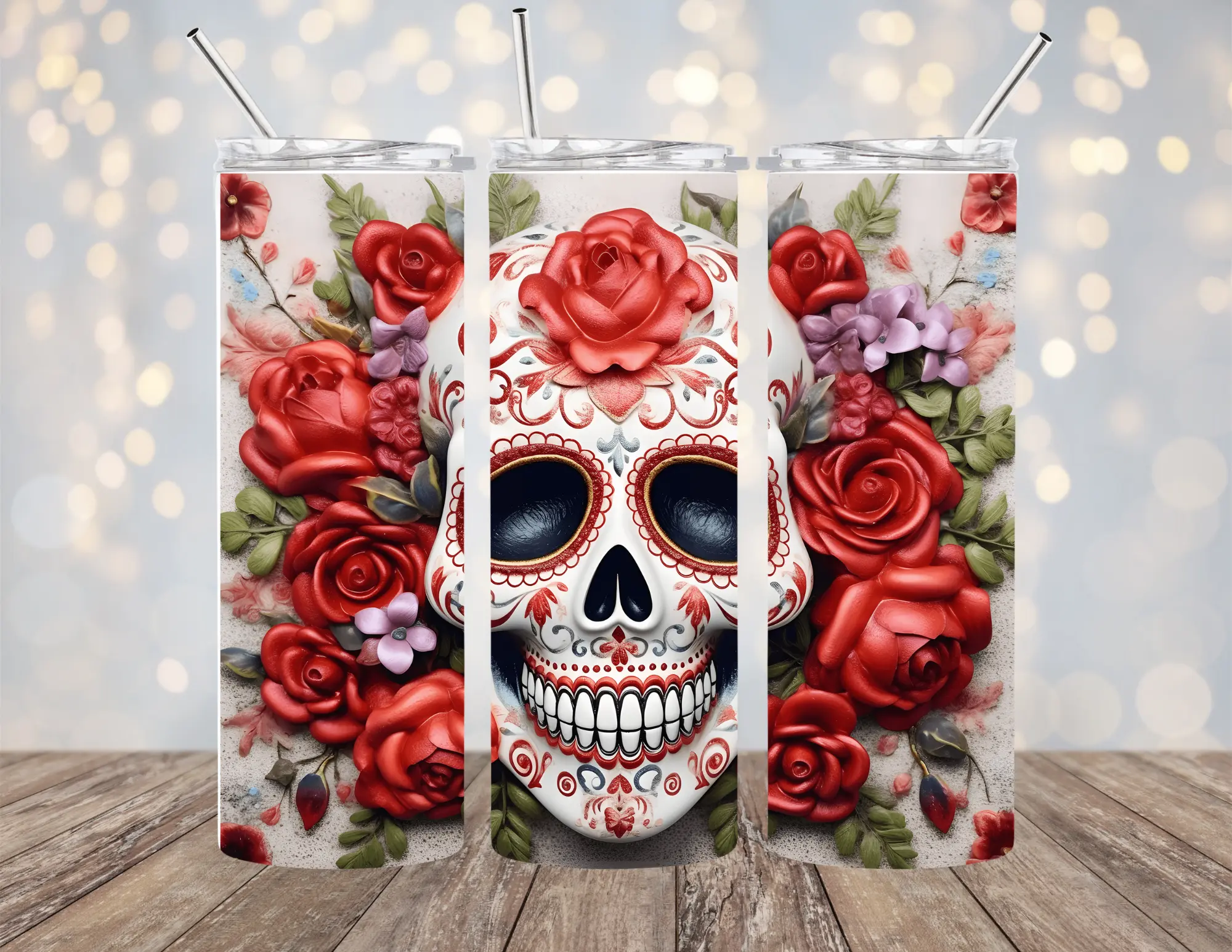 20 OZ SUGAR SKULLS DESIGNS INSULATED SKINNY TUMBLER W/ STRAW