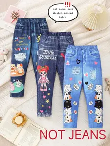 3-piece girls' pants set, cute cartoon cat & heart prints on soft stretch denim-look fabric, Elastic Waisted Pants, elastic waist for easy wear, perfect for outdoor play, biking, daily adventures, comfy, stylish, ideal princess gift