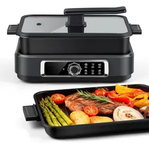 Indoor Grill,  Electric Indoor Grill Griddle 7.5-Quart 1500W Versatile Multi-Cooker with 5-Level Heat Settings, Come with Removable Non-stick Grill Pan& Cooking Pot, Dishwasher Safe