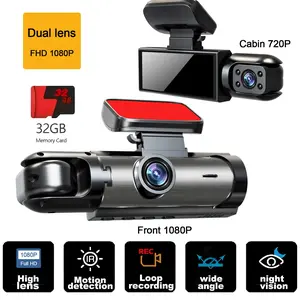 1080P Dual Dash Cam: 1080P Front + 720P Interior, 32GB Memory Card, Night Vision, Loop Recording,  Parking Monitor (Hardwire Kit Required), Multi-Language Support-Car Accessories