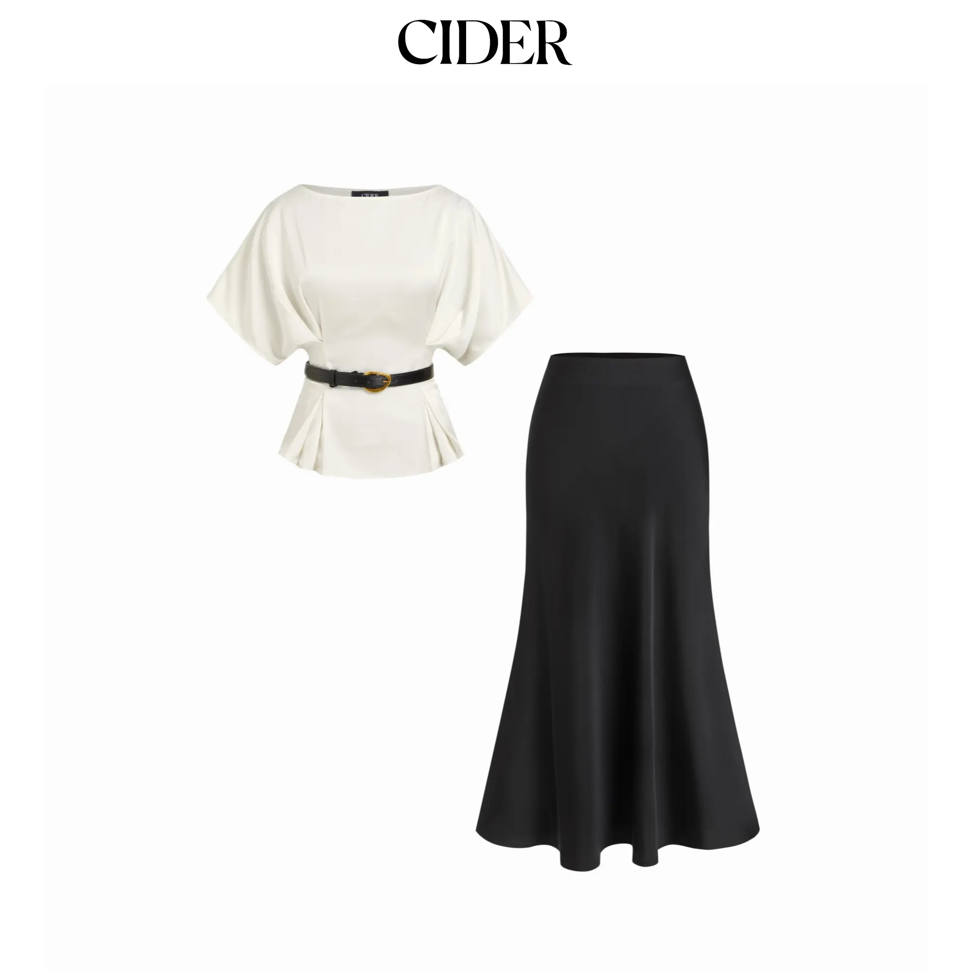 Cider Satin Batwing Sleeve Top & Mid Rise Mermaid Skirt Set with Belt