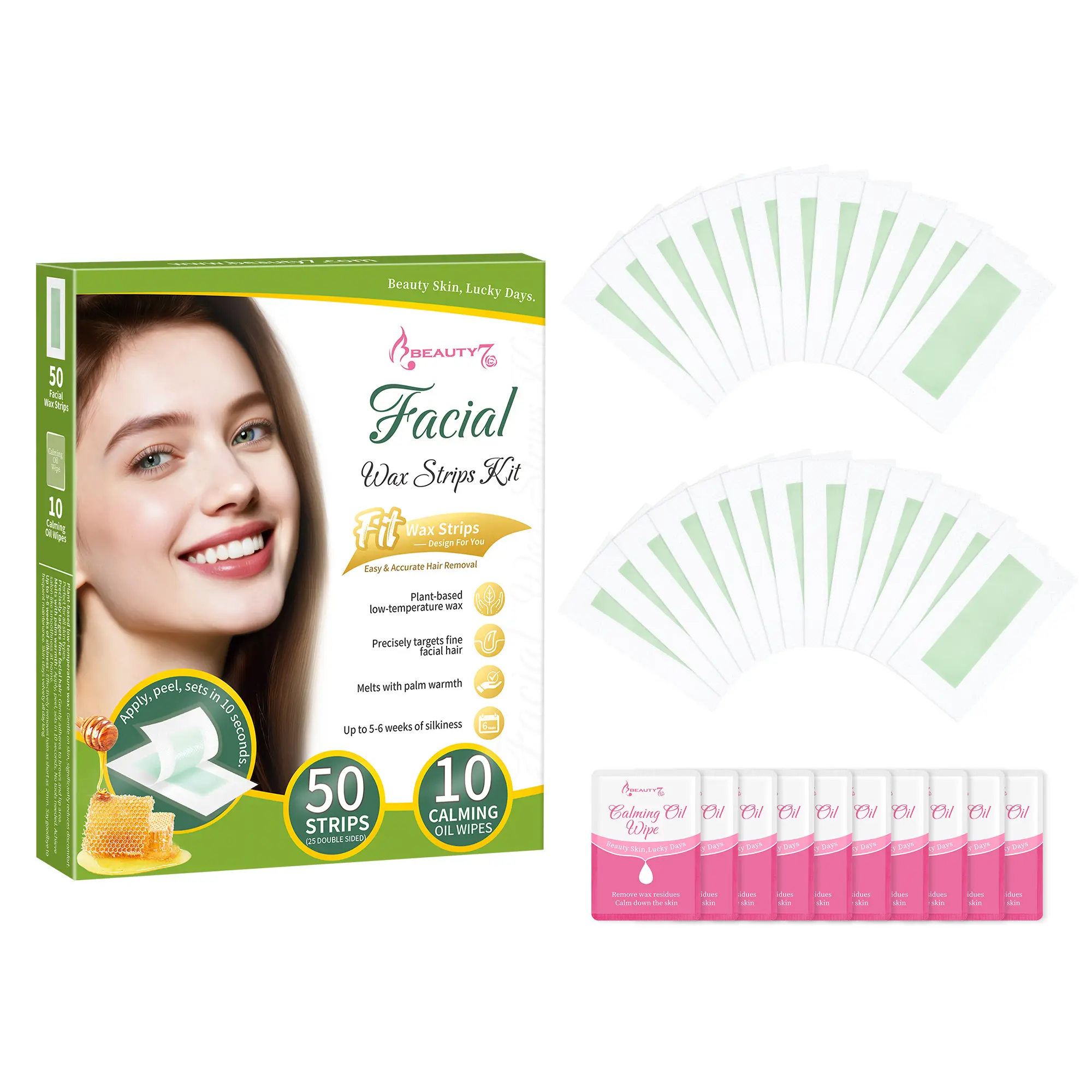 Beauty7 Facial Wax Strips Kit - 50 Gentle & Fragrance Free Hair Removal Strips for Face, Eyebrow & Bikini Line, Plant-Based Formula for Sensitive Skin, Waxing, Soothing, Silky, Body Care, Warm Before, Cold Wax