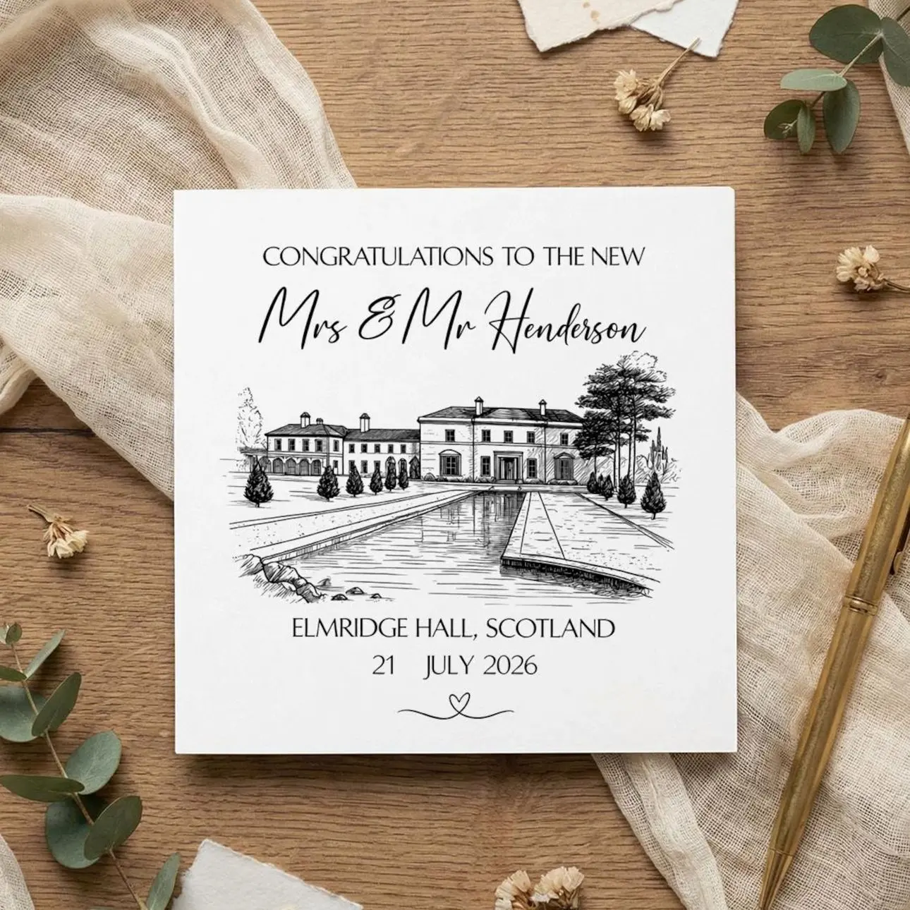 Custom Wedding Venue Illustration Card, Personalized Couples Names & Date, Black and White Line Art Sketch, Thank You or Congratulations Kee