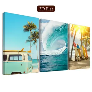 3 Piece Vintage Camping Car Framed Wall Art Set, Tropical Surf Canvas Poster, Sunset Atmosphere Print, Ocean Lifestyle Poster, Classroom Decor