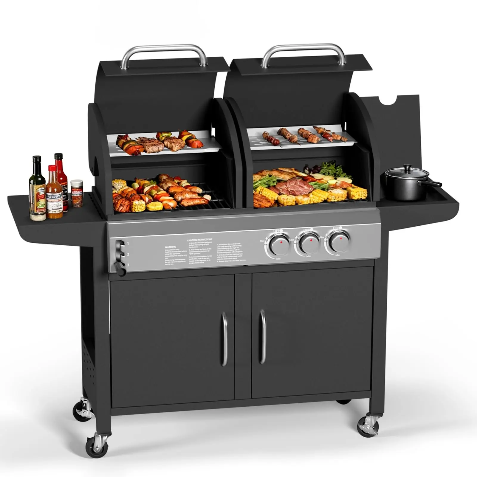 Disposable 3-in-1 Hybrid Propane Gas and Charcoal Grills BBQ – 24,000 BTU, Side Table, Stainless Steel, Storage Cabinet, Wheels, Dual Fuel Outdoor Cooking BBQ Camping Station