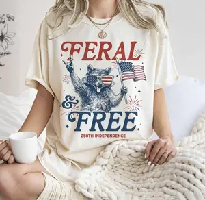 Comfort Colors Feral and Free Shirt Funny Raccoon 4th Of July T-Shirt Patriotic Animal Graphic Tee Vintage USA Independence Day Top Spirit Era Art