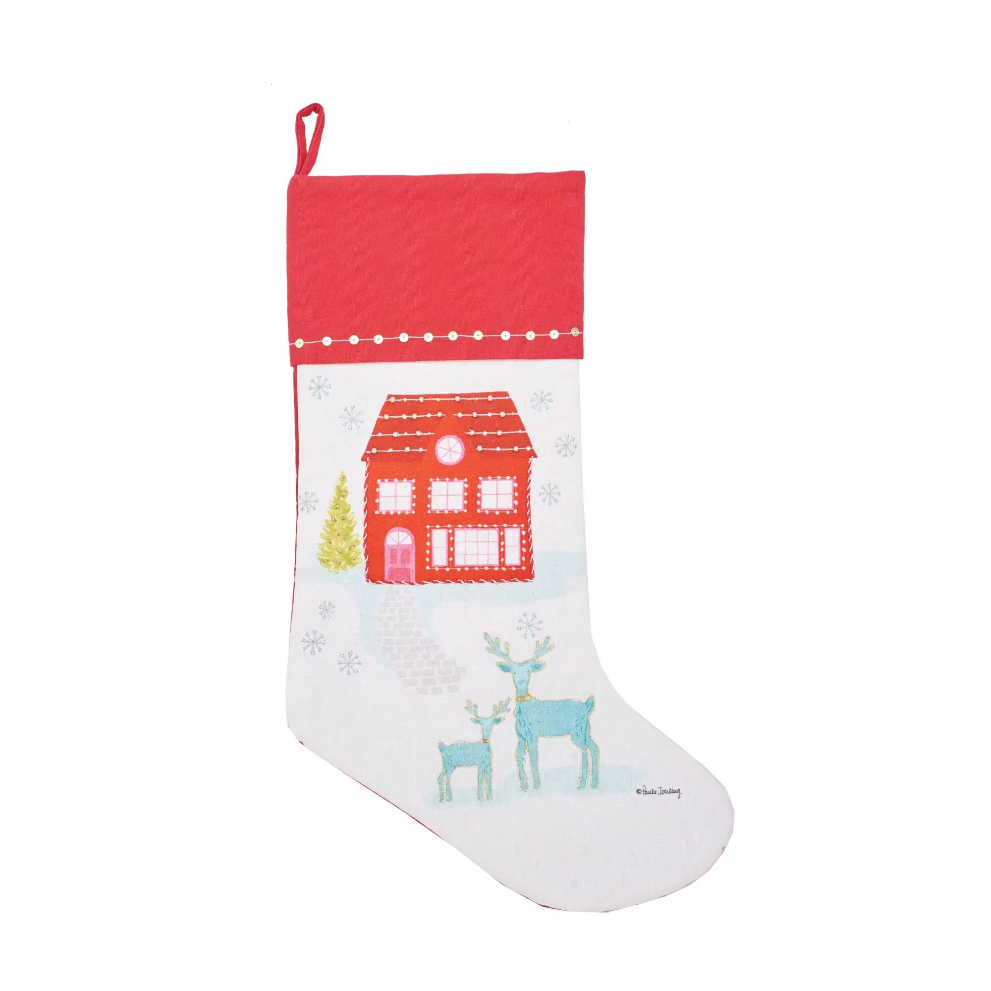 C&F Home Red House & Deer Printed & Embellished Stocking C&F Home Red House & Deer Printed & Embellished Stocking