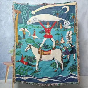 Fishing Pattern Tapestry, Durable Decorative Tapestry, Bohemian Style Tassel Decor Throw Blanket, Soft Warm Napping Blanket for Home Sofa Bed Office Travel Camping