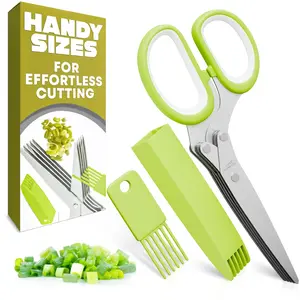 Herb Scissors with 5 Blades and Cover – Stainless Steel Herb Cutter for Fast & Precise Cutting, Compact, Easy-to-Store Design – Ergonomic Handle & Cleaning Brush for Quick and Comfortable Kitchen Prep