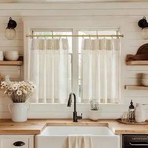 Linen Pinch Pleated Kitchen Curtains 36 Inch 2 Panels, Natural Linen Tier Curtains Back Tab Beige Farmhouse Cafe, Light Filtering Small Window Drapes for Bathroom Laundry Room Beige
