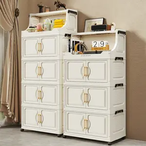White Foldable Storage Cabinet with Open Top & Double Doors, Stackable Modular Plastic Organizer with 360° Lockable Wheels & Handles, Tool-Free Assembly Collapsible Rolling Cabinet for Bedroom, Living Room, Kitchen Pantry & Home Organization