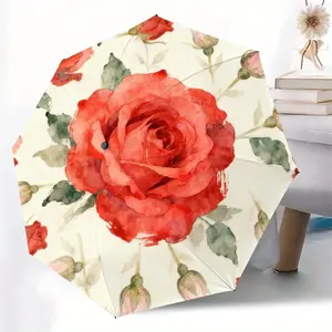 Large Rose Watercolor Umbrella, Automatic Open-Close Portable Travel Umbrella, Durable 8-Rib Structure, Sun Protection, Women's Outdoor Accessory
