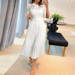 ChicMe Stand Collar Puff Sleeve Lace Hollow-out Party Dress Zipper Back Pleated Dress/Puff Sleeve Lace Party Dress for Wedding Guest & Wedding