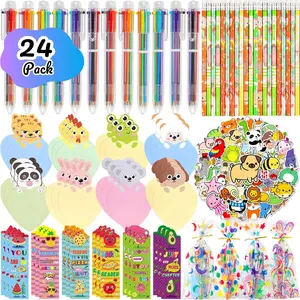 Stationery Party Favors, 24Pack School Stationery Set with 6-in-1 Multicolor Pens Pencils Motivational Bookmarks Stickers for Goodie Bags Birthday Classroom Gifts for Kids Students Bulk