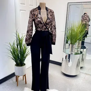 Elegant Gold Top Sequins Jumpsuit with Long Sleeves and High Waist Design for Special Occasions