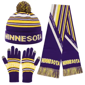 Knitted Yellow Blue Minnesota Ribbed Hat Scarf & Gloves Set Jacquard Design Elastic Warm Winter Accessories for Men Women
