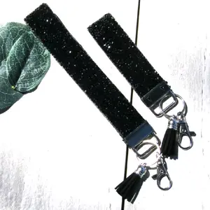 Key Fob/Wristlet W/ Authentic Rhinestone Crystals with Tassel-Black-Large/Mini- Keys, Bags, Purse and More Ships Worldwide