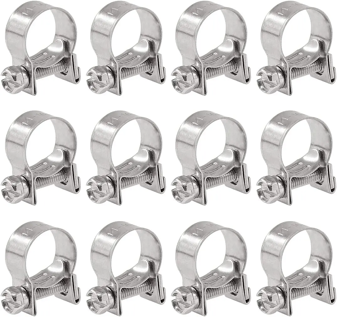 12-Count Edge Polished 304 Stainless Steel Mini Adjustable Injection Hose Clamps (14-16mm/9/16"-5/8" Dia) with Screws, Tight Locking Fit for Ranch, Farm & Auto Repair Plumbing, Pipe Fitting Needs