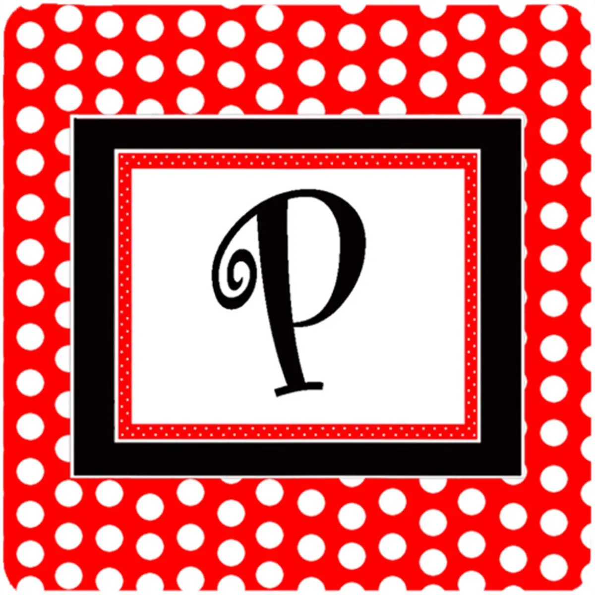 Monogram - Red Black Polka Dots Foam Coasters Initial Letter P, Set - 4