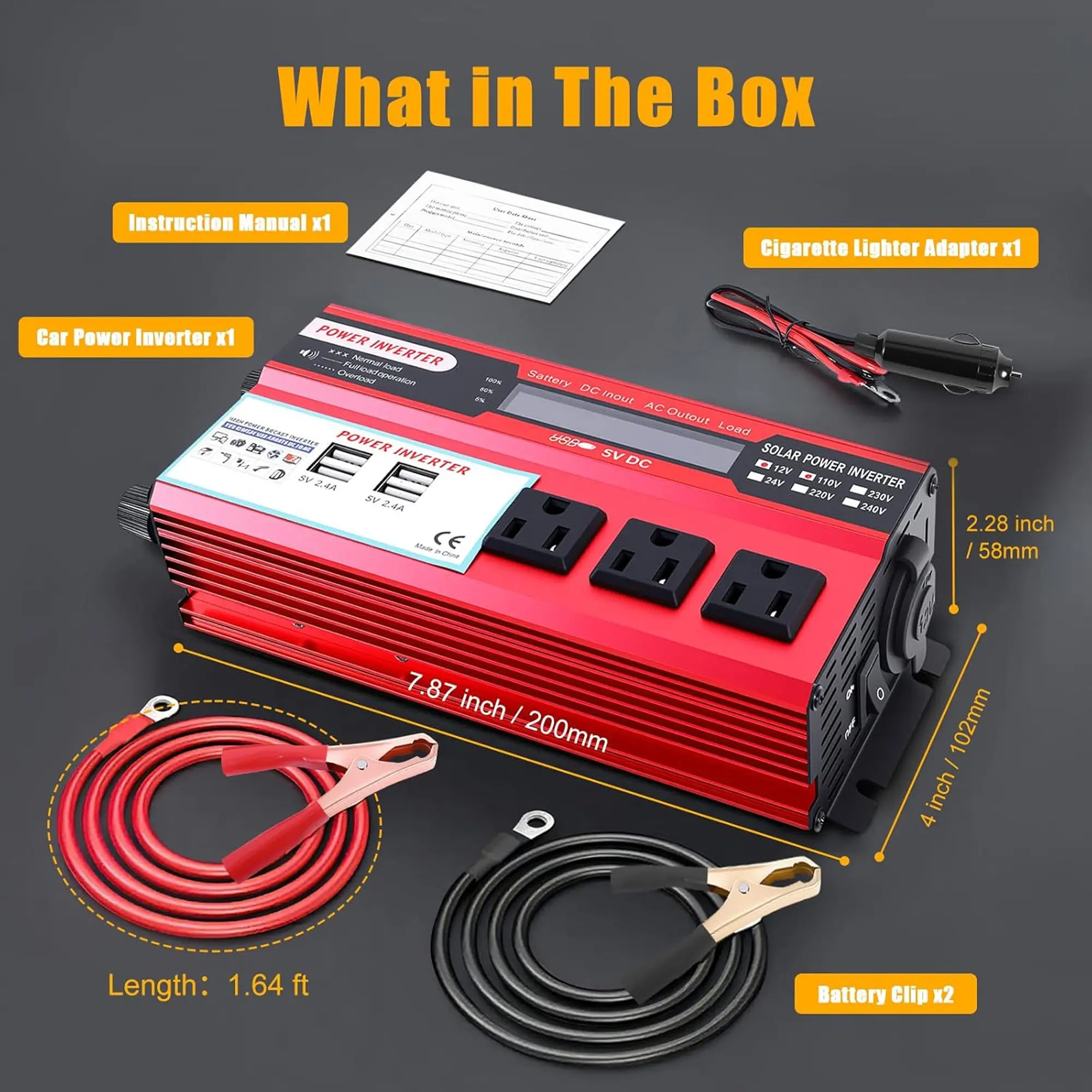 1000W Max Compact Portable Power Inverter - 12V DC to 120V AC Vehicle Power Hub with LCD Monitor, 3 US Outlets, 4 Fast USB Ports, 200W & Above, for Camping, Indoor Use, Drive-Trip Backup
